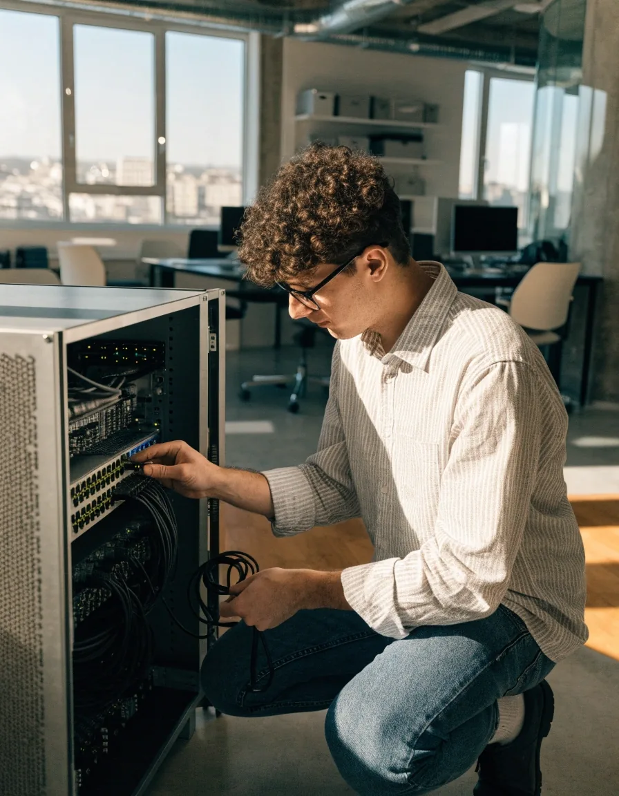 Server- und Netzwerktechnik in einer Büroecke mit sauber geführten Kabeln