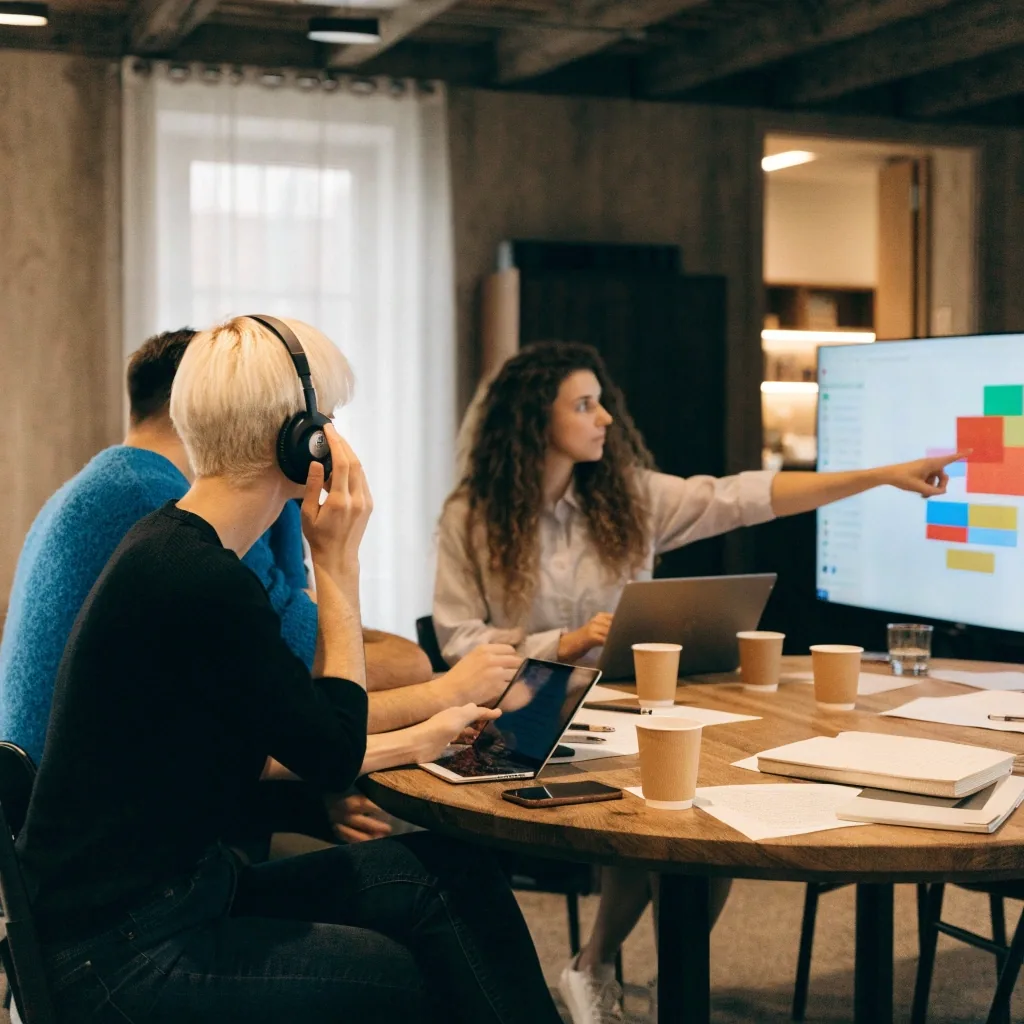 Beratungsteam von Axonforge Digital München bespricht Systemanforderungen an einem Werkstattisch