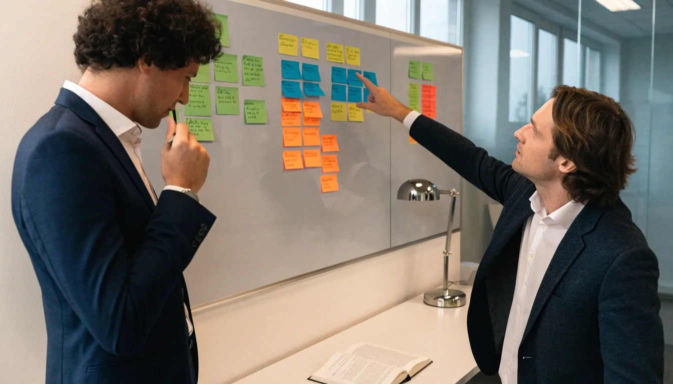 Produktteam am gemeinsamen Arbeitsplatz mit Notizen, Roadmap-Seiten und einer Wandtafel