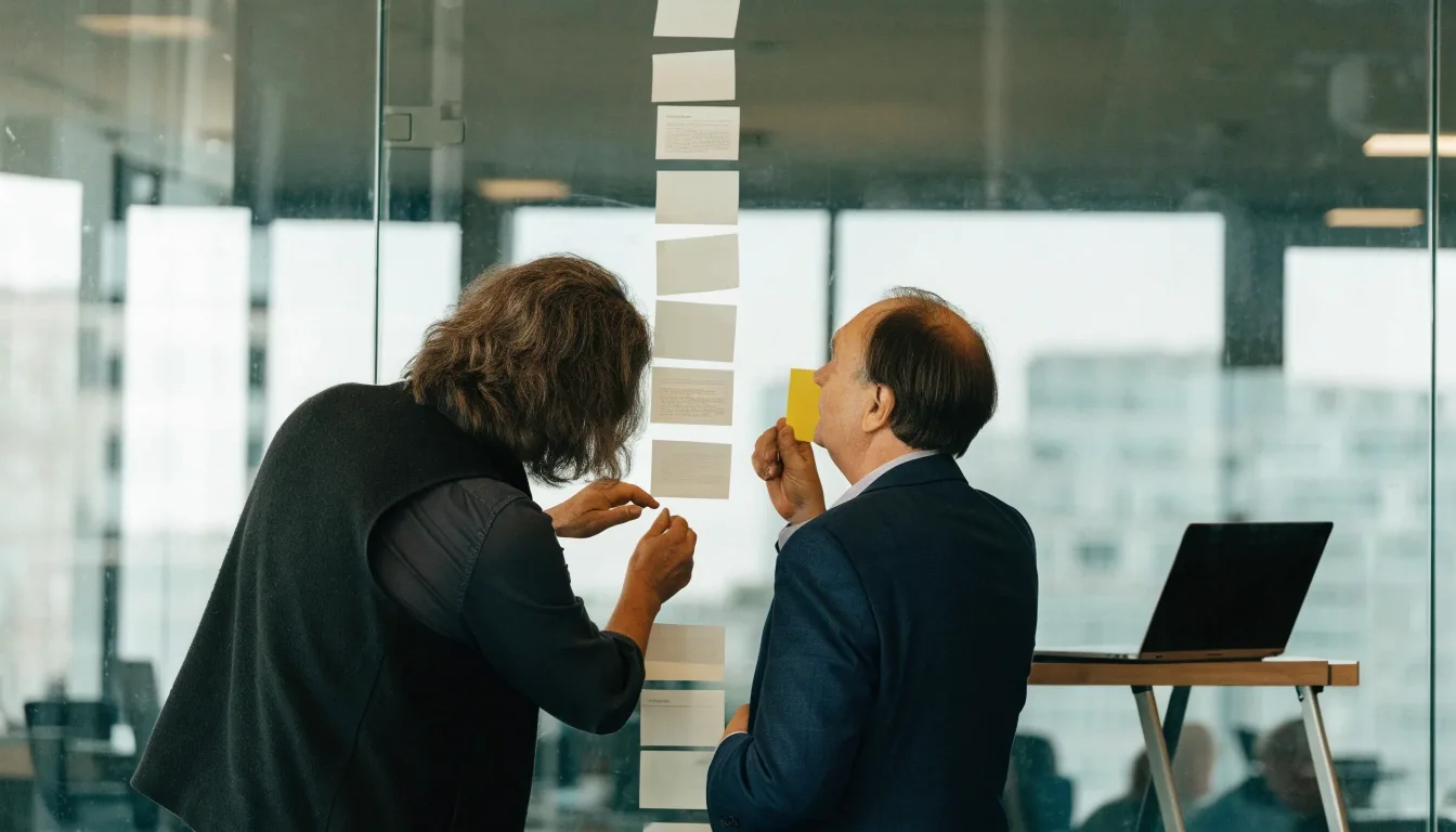Vertriebsteam ordnet Phasen eines Verkaufsprozesses am Tisch